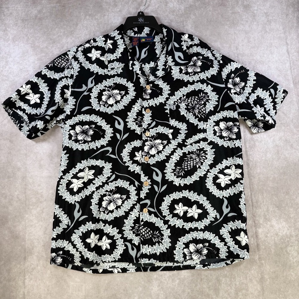Roundy Bay Shirt Mens XL Black White Hibiscus Pineapples‎ Hawaiian Aloha Beach